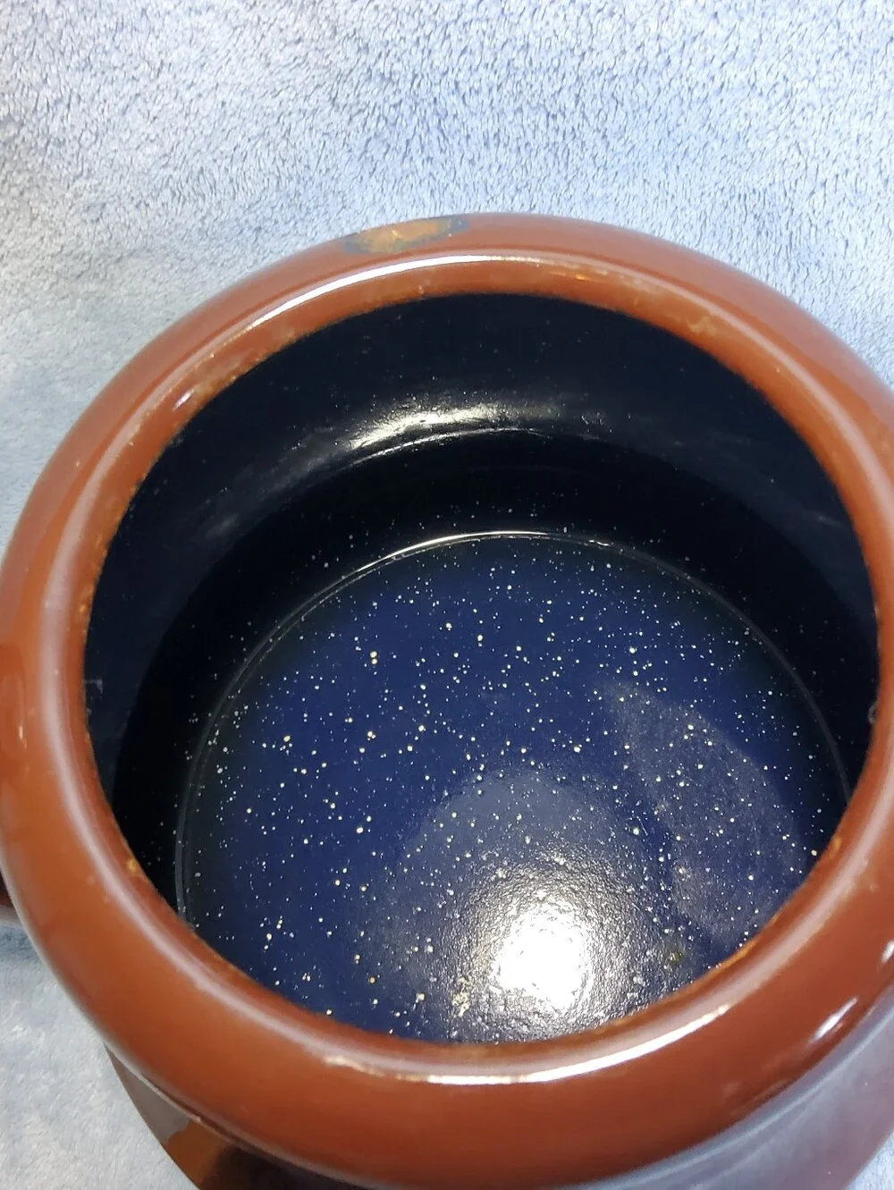 Vintage Brown Enamelware Tea Kettle Blue Speckled Interior Kitchenware Cowboy